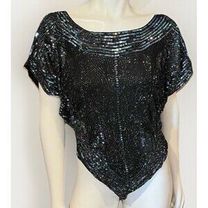 Metamorphosis Vintage Silk Hand Beaded Sequined Blouse Top Size M/L